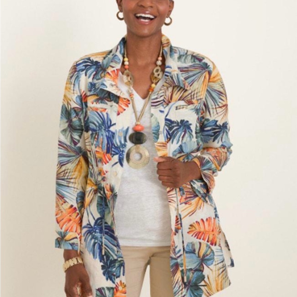 Chicos Multicolor Tropical Leaf Print Linen Jacket Size 1 Medium Long sleeve